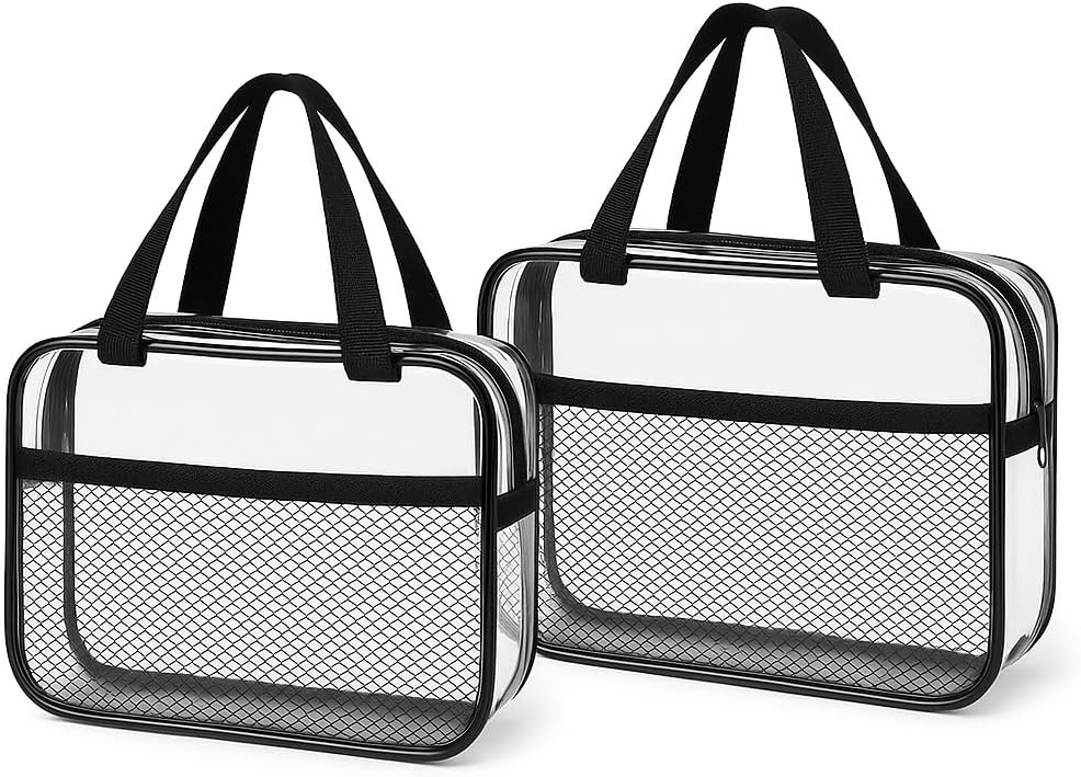 XEWEA 2PCS Middle TSA Approved Clear Travel Toiletry Bags for Men Women, Transparent Makeup Cosmetic Bag with Handle Zipper, Waterproof PVC Quart Organizer Pouch for Airport Airline Essential, Balck