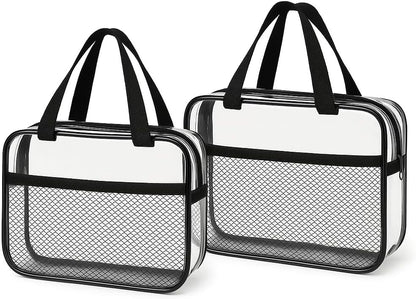 XEWEA 2PCS Middle TSA Approved Clear Travel Toiletry Bags for Men Women, Transparent Makeup Cosmetic Bag with Handle Zipper, Waterproof PVC Quart Organizer Pouch for Airport Airline Essential, Balck