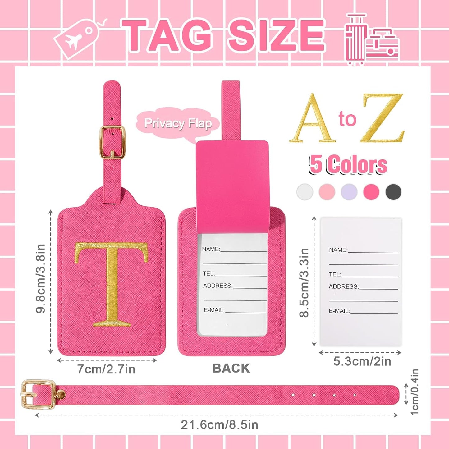 Personalized Initial Luggage Tags for Suitcase, Rose Red Leather Cute Luggage Tags with Privacy Cover Name Card, Embroidered Custom Monogram Tags Travel Backpack Tag Gifts for Women Kids(T)