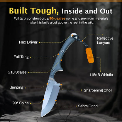 Scout Feather - Fixed Blade Survival Knife with built-in Firestarter for Camping, Hunting, Outdoor Adventure and Culinary Needs - VG10 Blade, Whistle, Knife Sharpener, Compact Sheath & G10 Handle