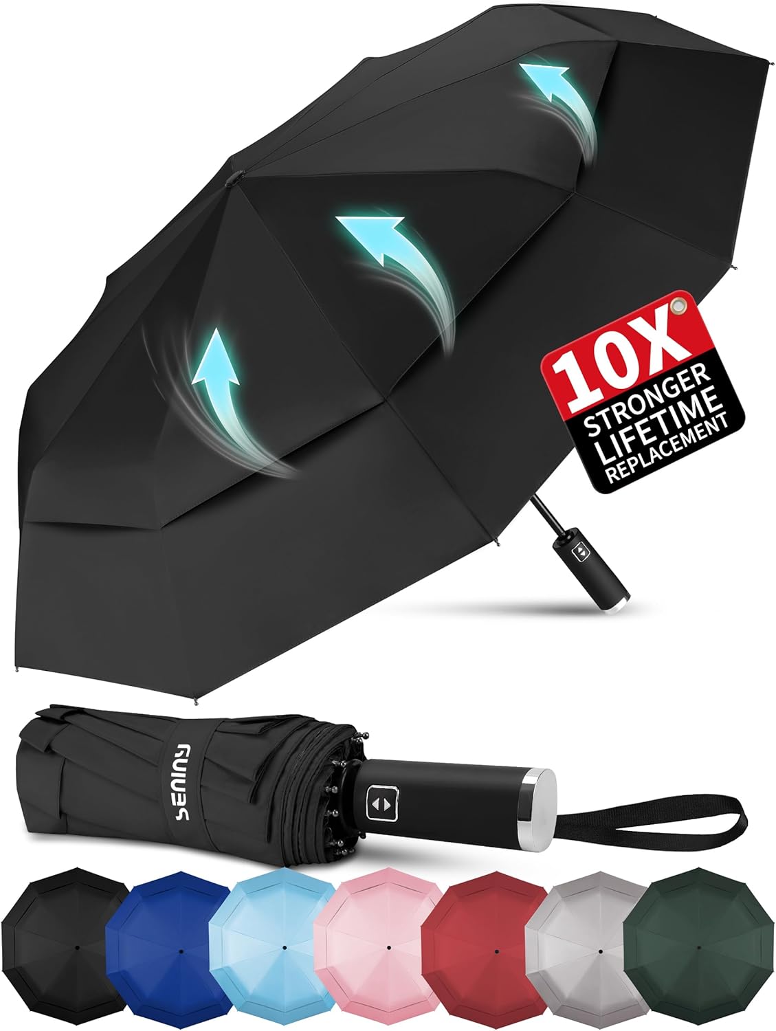 Seniny Windproof Travel Umbrella, Double Vented Canopy Large Umbrellas for Rain, Automatic Compact Umbrella for Car Backpack, Portable Pocket UV Umbrellas for Sun Protection Walking, Lightweight