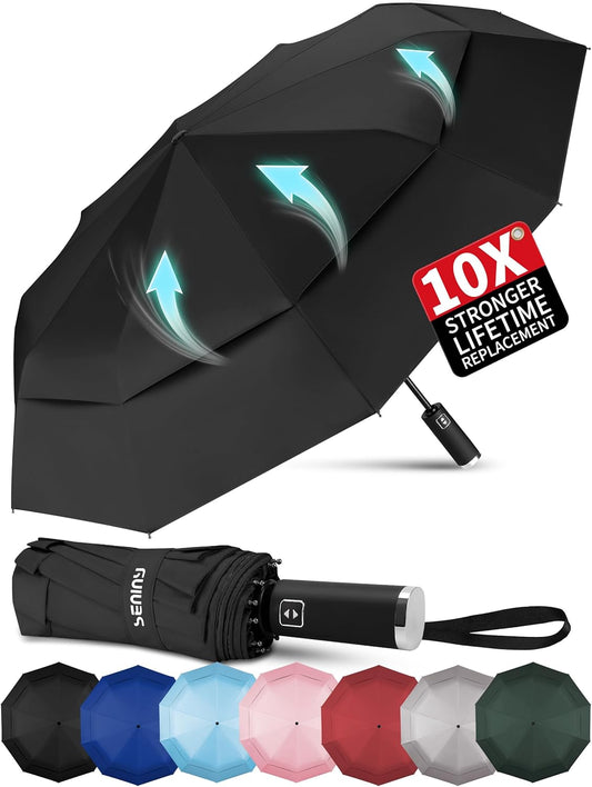 Seniny Windproof Travel Umbrella, Double Vented Canopy Large Umbrellas for Rain, Automatic Compact Umbrella for Car Backpack, Portable Pocket UV Umbrellas for Sun Protection Walking, Lightweight