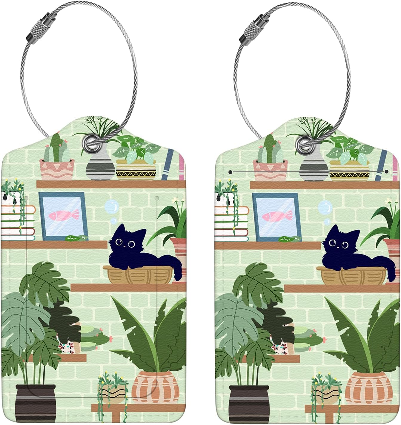 2 Pcs Luggage Tags for Suitcase, Cute Unique PU Leather Travel Bag Tag with Privacy Cover ID Label Address Card and Durable Metal Ring Suitable for Men Women Children Backpack,Cat On The Shelf