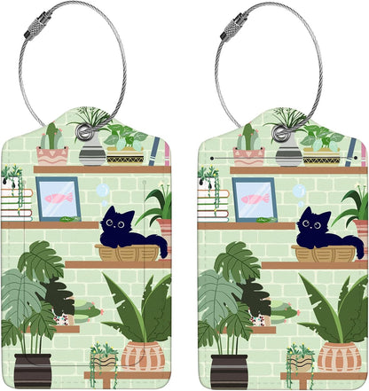 2 Pcs Luggage Tags for Suitcase, Cute Unique PU Leather Travel Bag Tag with Privacy Cover ID Label Address Card and Durable Metal Ring Suitable for Men Women Children Backpack,Cat On The Shelf