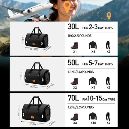 Waterproof Duffel Bag, 30L Roll-top Motorcycle Dry Bag with Air Valve & Quick-fixed Straps, Travel Duffle Bags for Kayaking Paddle Boarding Rafting Boating Camping Riding Fishing - Black