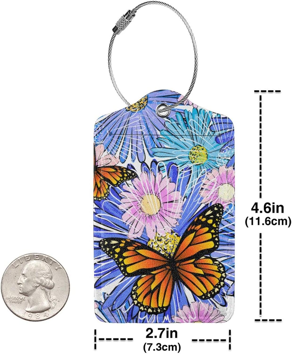 Set of 2 Artistic Flowers Luggage Tags with Butterfly Pattern, Pretty Suitcase Tag Privacy Name ID Card Pink Blue Floral Travel Bag Labels with Stainless Steel Loop for Women Girls Kids Adult