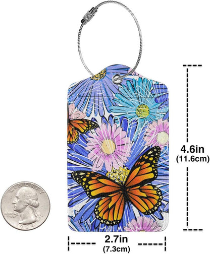 Set of 2 Artistic Flowers Luggage Tags with Butterfly Pattern, Pretty Suitcase Tag Privacy Name ID Card Pink Blue Floral Travel Bag Labels with Stainless Steel Loop for Women Girls Kids Adult