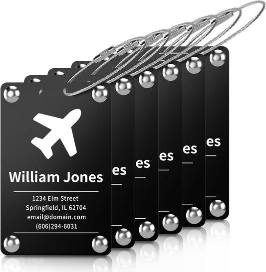 6 Pack Personalized Luggage Tags for Suitcases, Handmade Engraved Stainless Steel Custom Luggage Tags for Cruise Travel with Stainless Loop, Suitcase Identifier Metal Name Baggage Tag