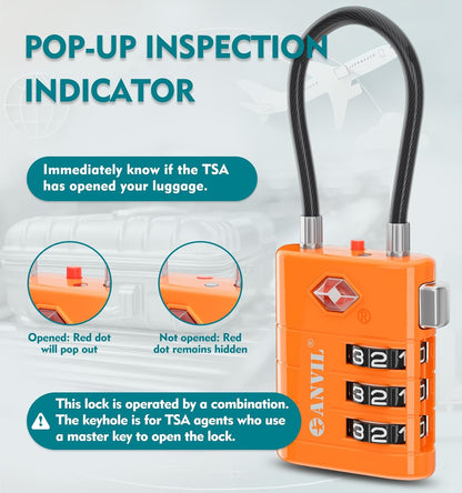 ANVIL TSA Approved Luggage Locks – High Security TSA008 Combination Travel Locks with Inspection Indicator for Suitcases and Backpacks. (4, Orange)