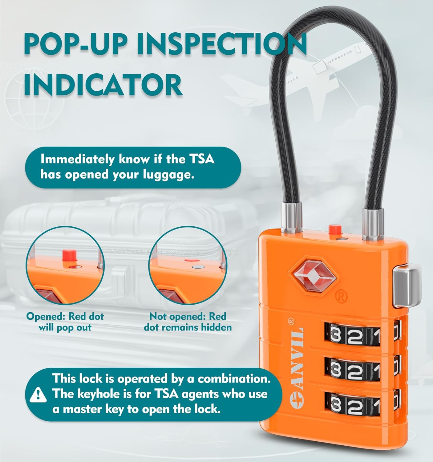ANVIL TSA Approved Luggage Locks – High Security TSA008 Combination Travel Locks with Inspection Indicator for Suitcases and Backpacks. (3, Orange)