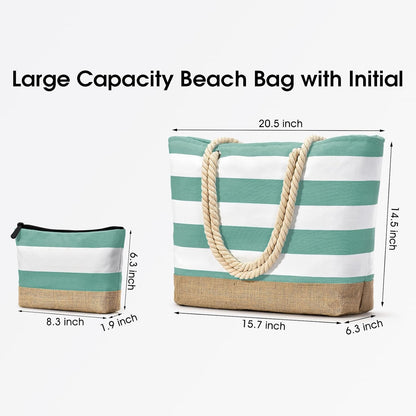 Becokan Beach Bag Initial Beach Tote with Makeup Bag for Travel Work Storage Personalized Birthday Gifts for Women Her