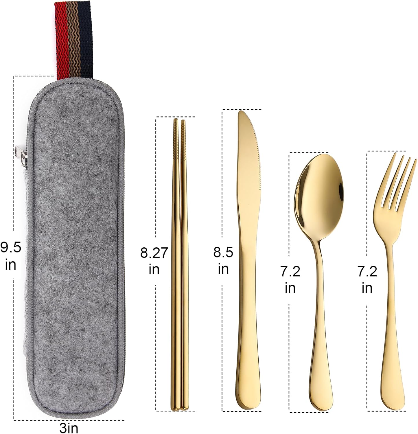 DEVICO Camping Utensils, Portable Travel Utensils with Case, Stainless Steel Reusable Silverware for Lunch Adult, 5Pcs Cutlery Set Includes Knife Spoon Fork Chopsticks and Case (Gold)