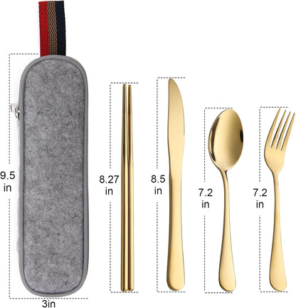 DEVICO Camping Utensils, Portable Travel Utensils with Case, Stainless Steel Reusable Silverware for Lunch Adult, 5Pcs Cutlery Set Includes Knife Spoon Fork Chopsticks and Case (Gold)