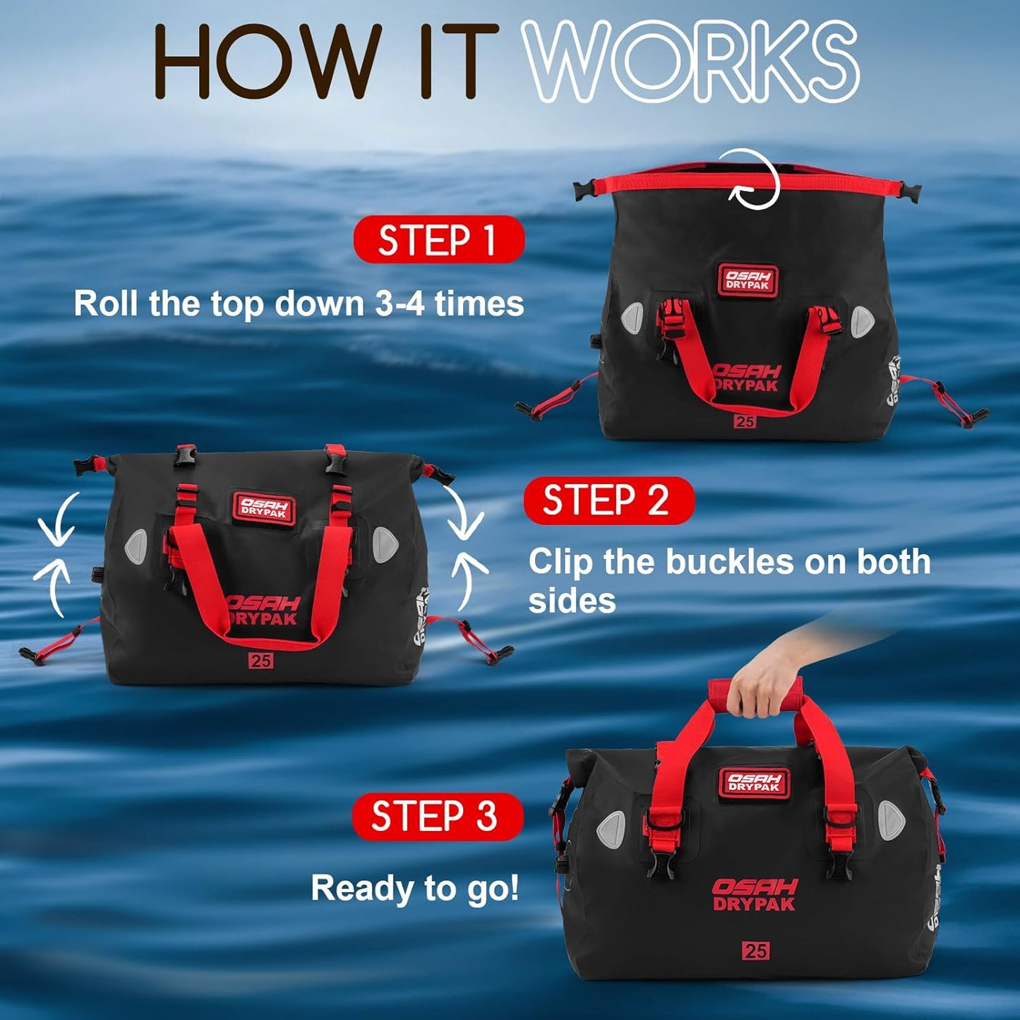 Waterproof Duffel Bag - Motorcycle Dry Bag Tail Bag with Large Storage Space, Waterproof Luggage Duffle Bags with Outer Mesh Zipper Pocket for Camping, Kayaking, Fishing & Traveling