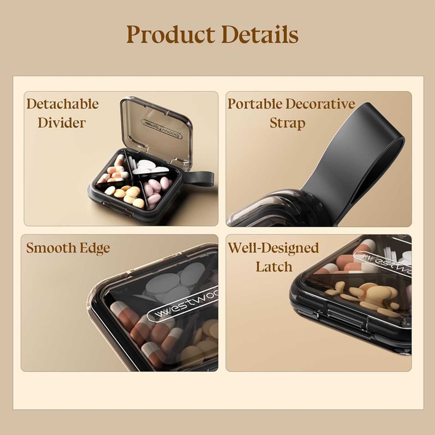 1 Pack Grey Pill Organizer with Strap, 4 Compartments, Compact Travel Pill Box Case, Portable and Moistureproof to Store Vitamins, Medication and Supplements