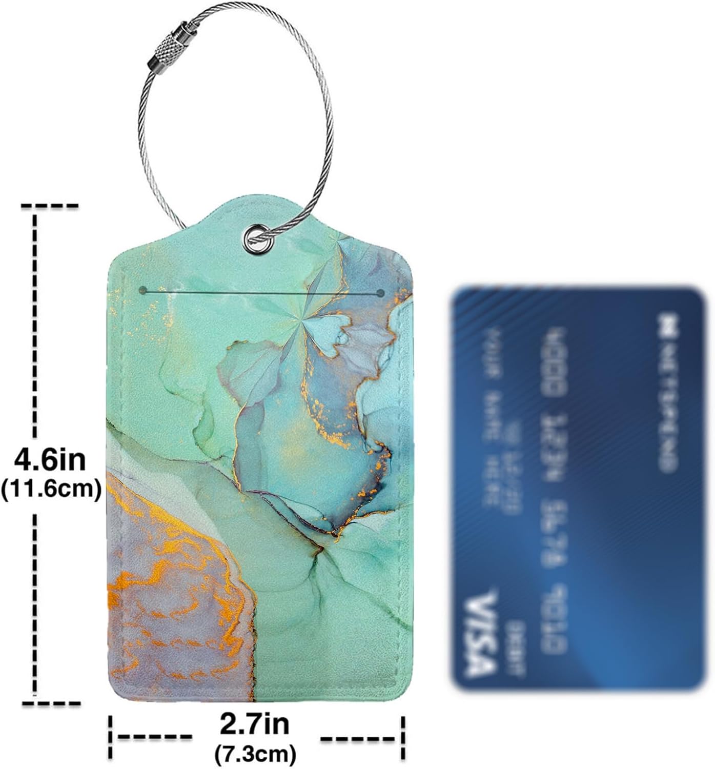 Green Gold Marble 2-Pcs Premium Leather Tags with Privacy Covers,Luggage Tag Stainless Steel Loops Ideal for Suitcases, Travel Bags, Backpacks