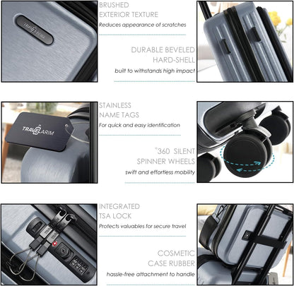 22 Inch Carry On Luggage 22x14x9 Airline Approved, Carry On Suitcase with Wheels, Hard-shell Carry-on Luggage, Durable Luggage Carry-On, Grey Small Suitcase with Cosmetic Case