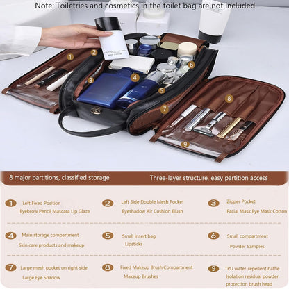 Travel Toiletry bag for men PU Triple-layer Double Zipper Toiletry Bags,Waterproof with Handle Mens Toiletry Bag Stowable Brushes, Toiletries Makeup for Business Trips Camping Bathroom Black