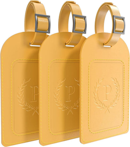 FESAS 3 Pack A-Z Alphabet Luggage Tags - Faux Leather Suitcase Tags with Privacy Cover & Replaceable Card - Initial Letter Monogram for Bags (Yellow)
