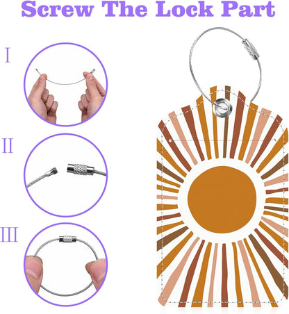 Scandinavian Style Abstract Sun Luggage Tags 2PCS PU Leather Suitcases Tag with Stainless Steel Loop and Privacy Name Address Cover Label Card for Women Men Travel