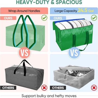 BALEINE 4-Pack Oversized Moving Bags with Reinforced Handles, Heavy-Duty Storage Tote for Clothes, Moving Supplies (Light Green, 4-Pack)