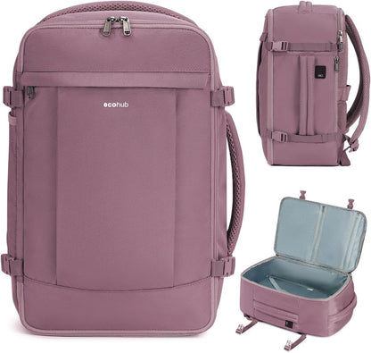 ECOHUB Travel Backpack for Women, Carry on Backpack with USB Charging Hole, Spirit Airlines Personal Item Bag Flight Approved, 15.6 Inch Laptop Backpack with Anti Theft Pockets, 30L, Pink