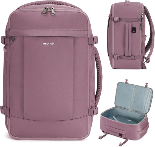 ECOHUB Travel Backpack for Women, Carry on Backpack with USB Charging Hole, Spirit Airlines Personal Item Bag Flight Approved, 15.6 Inch Laptop Backpack with Anti Theft Pockets, 30L, Pink