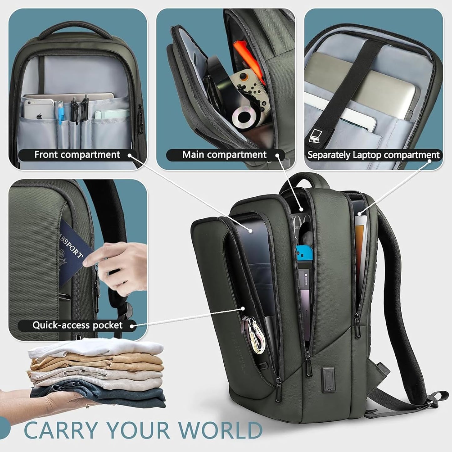 hk Laptop Backpack for Men with USB Charging Port for Business Work College Travel (Green, 17.3 inch)