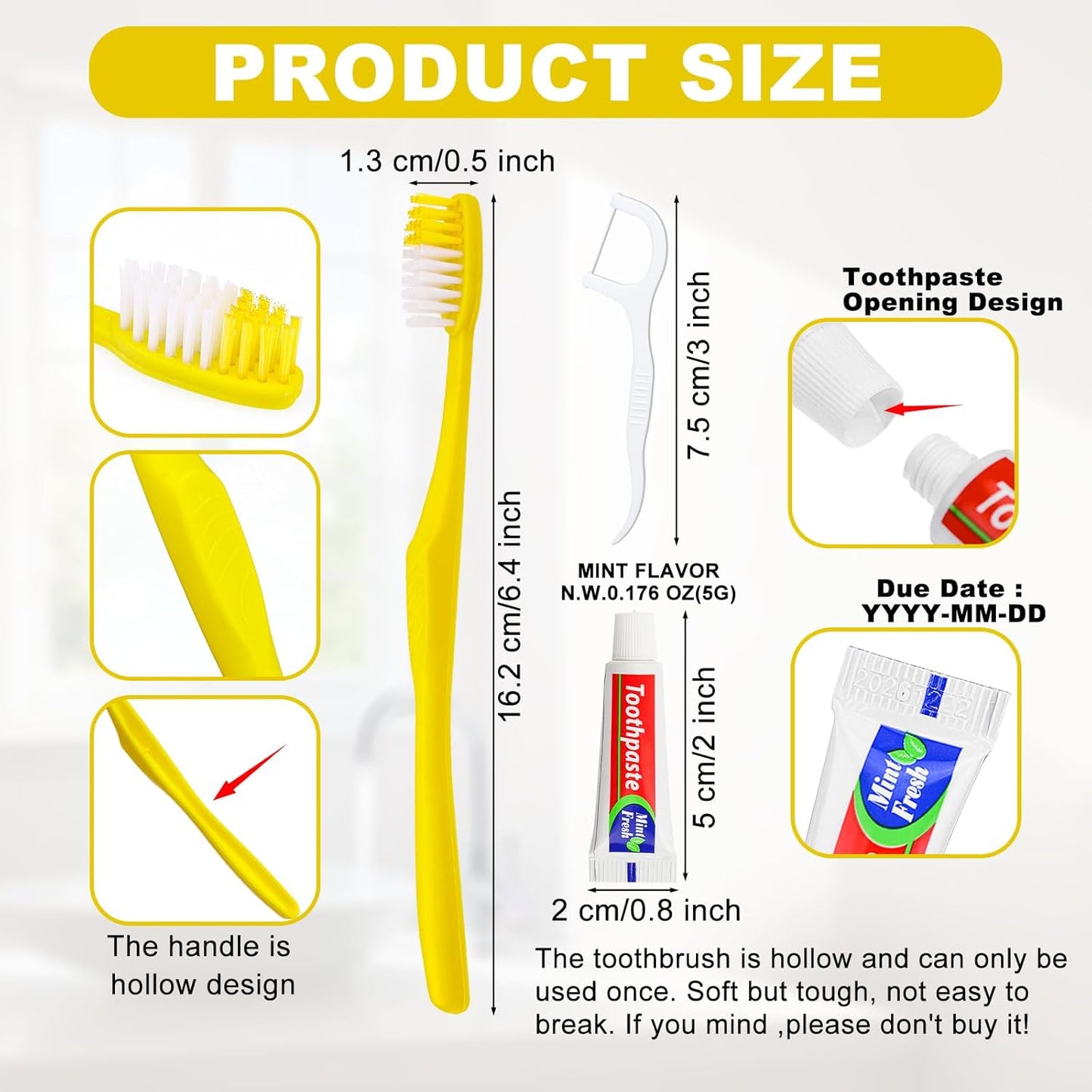 15pcs Disposable Toothbrushes with Toothpaste and Floss,Yellow Bulk Single Use Toothbrush Floss Pick Individually Wrapped Disposable Travel Toothbrushes Kit for Homeless,Airbnb,Hotel,Guest