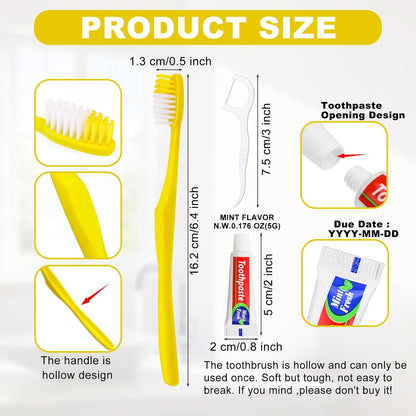 200pcs Disposable Toothbrushes with Toothpaste and Floss,Yellow Bulk Single Use Toothbrush Floss Pick Individually Wrapped Disposable Travel Toothbrushes Kit for Homeless,Airbnb,Hotel,Guest