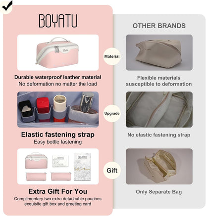 BOYATU Travel Makeup Bag Organizer Cosmetic Bag: 3 Pcs Set Make up Bags for Women with Handle - Waterproof Vegan Leather Toiletry Bags with Comparments (D-04-Pink)