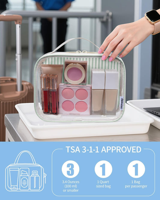 Narwey TSA Approved Clear Toiletry Bag for Travel, Waterproof PVC Clear Makeup Bags, Portable Compact Cosmetic Bag Make Up Organizer, Airport Airline Quart Size Compliant Bag (Mint Green Stripe)
