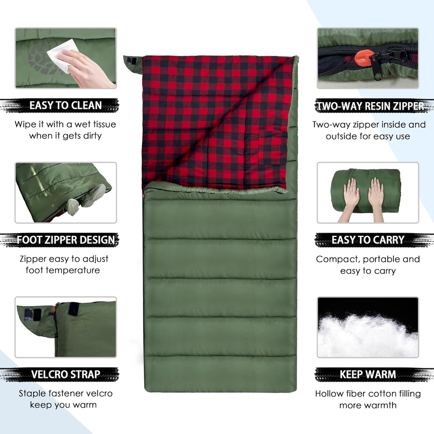0 Degree Sleeping Bag Cotton Flannel Winter Cold Weather for Adults XXL Sleeping Bag 4 Season Big and Tall with Pillow Compression Sack