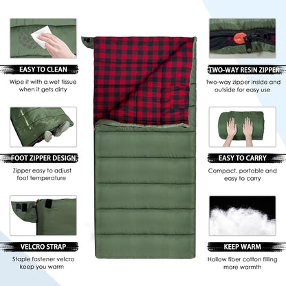 0 Degree Sleeping Bag Cotton Flannel Winter Cold Weather for Adults XXL Sleeping Bag 4 Season Big and Tall with Pillow Compression Sack