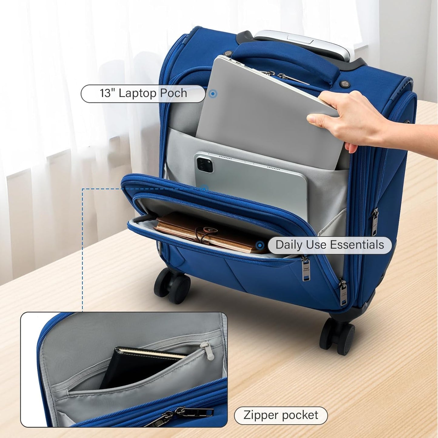 16 Inch Underseat Carry On Luggage with Wheels Softside Small Suitcases Personal Item Bag with Pocket Travel Luggage for Men Women Business Overnight Bag(Blue)
