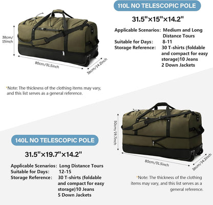 Rolling Duffle Bag with Wheels,110L/140L Expandable Soft-Sided Foldable Duffle Bag with 2 Rubber Wheels,Packable 32” Rolling Carry-On with Multi-Pockets & Compartments (Green)