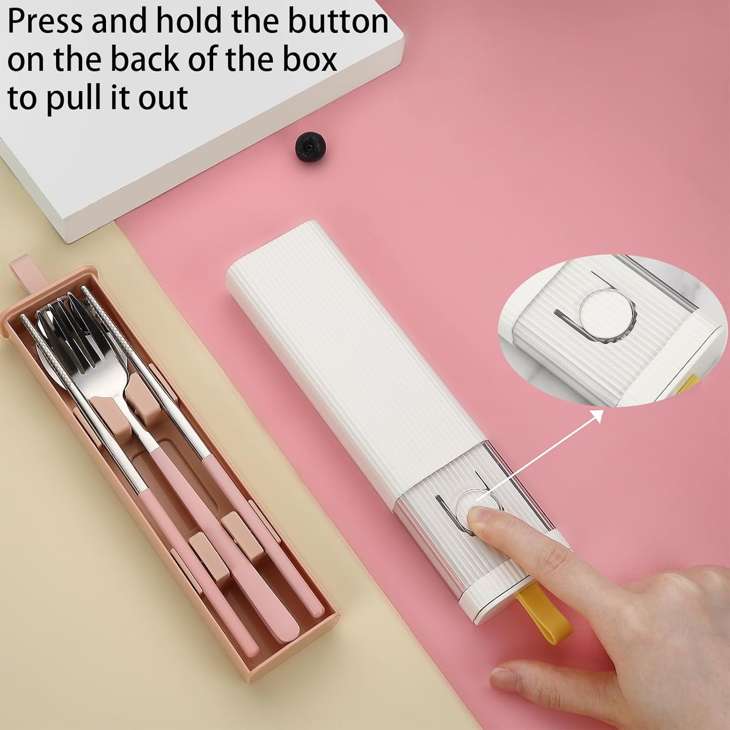 DEVICO Travel Utensils with Case, Stainless Steel Reusable Camping Silverware Set for Lunch Box, Portable Cutlery Kit Includes Fork, Spoon, Chopsticks (White)