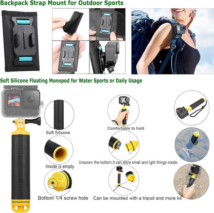Gurmoir Accessory Kit with Waterproof Case for Go Pro Hero 13 12 11 10 9 Black. Underwater Diving Housing Floating Hand Grip Screen Protector Bundle Pack for GoPro 13 12 11 10 9 Camera(DT13)