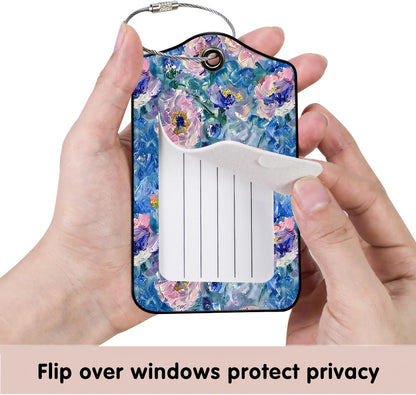 Luggage Tags for Suitcases, 2-Pack PU Leather for Cruise & Travel, Baggage ID Tags with Privacy Cover & Address Card, Durable Metal Ring, Kids Adults Travel Accessories, Blue Hued Impasto