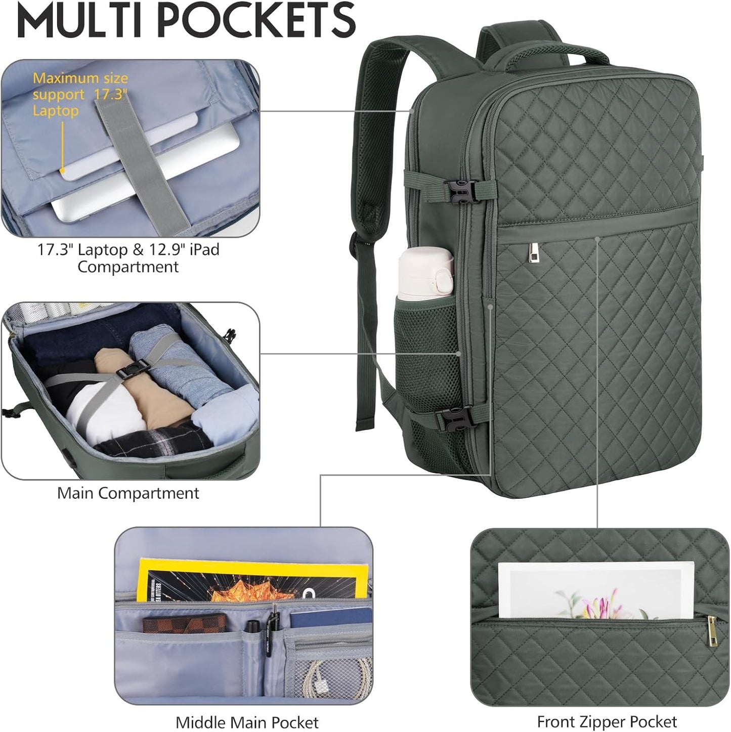 MOMUVO Large Travel Backpack Women, Flight Approved Carry On Backpack, Water Resistant Anti-Theft Large Casual Daypack Fit 17 Inch Laptop with USB Charging Port, Olive Green