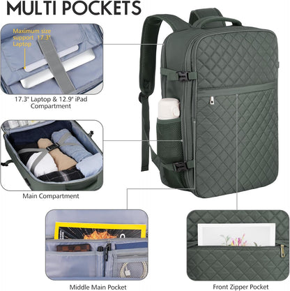 MOMUVO Large Travel Backpack Women, Flight Approved Carry On Backpack, Water Resistant Anti-Theft Large Casual Daypack Fit 17 Inch Laptop with USB Charging Port, Olive Green