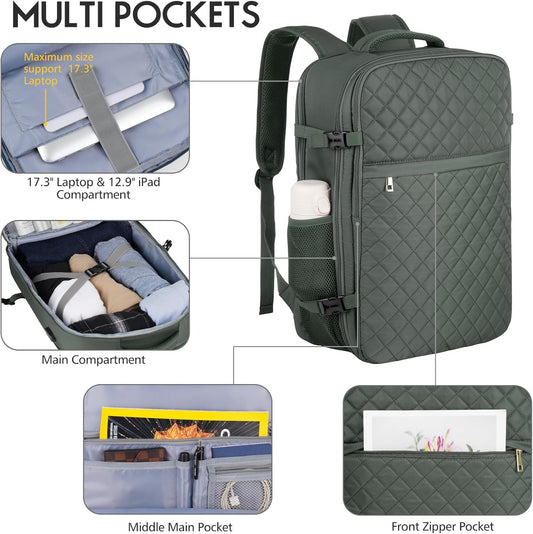 MOMUVO Large Travel Backpack Women, Flight Approved Carry On Backpack, Water Resistant Anti-Theft Large Casual Daypack Fit 17 Inch Laptop with USB Charging Port, Olive Green