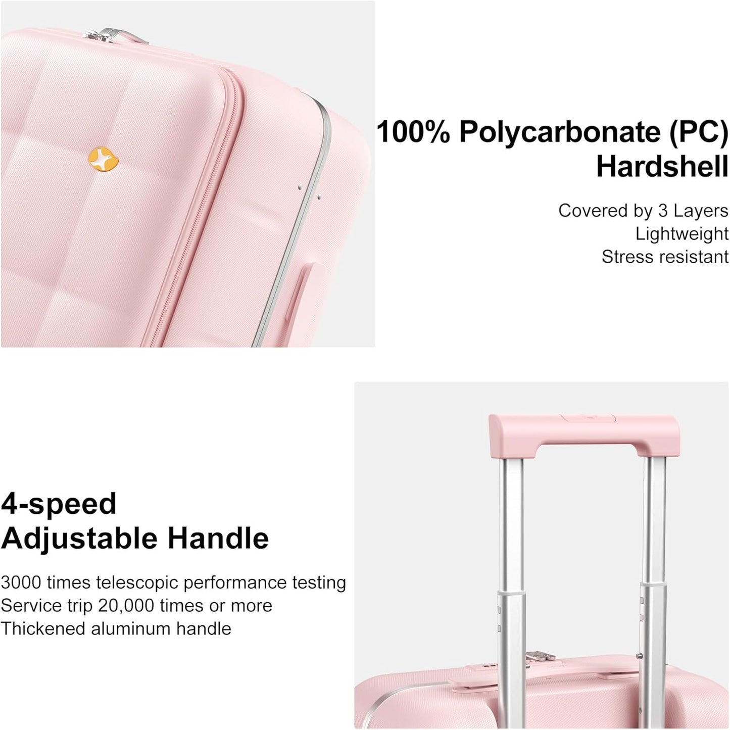 MGB 20 Inch Top Open Carry On Luggage 22x14x9 Airline Approved, 100% PC Hard Shell Carry On Suitcase with Spinner Wheels, Front Opening Travel Luggage for Women Men Gifts. Pink