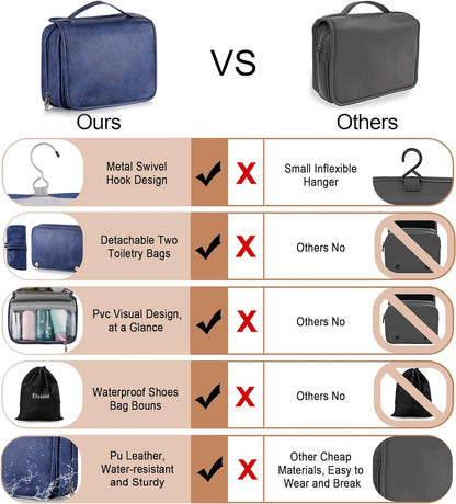 Elviros Hanging Toiletry Bag for Men Travel Essentials 3-in-1 Large Waterproof Dopp Kit PU Leather Shaving Bag with Separate Compartments for Grooming and Toiletries
