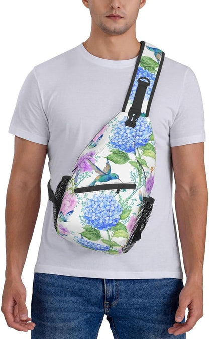 SUPLUCHOM Sling Bag Spring Hummingbird Flower Hydrangea Hiking Daypack Crossbody Shoulder Backpack Travel Chest Pack for Men Women Over 12 Years Old