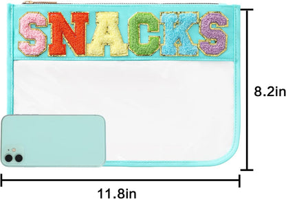 DYSHAYEN Chenille Letter Clear Zipper Pouch for Travel,Nylon Clear Cosmetic Bag,Makeup Travel Bag for Women Girls 11.8 Inches x 8.2 Inches