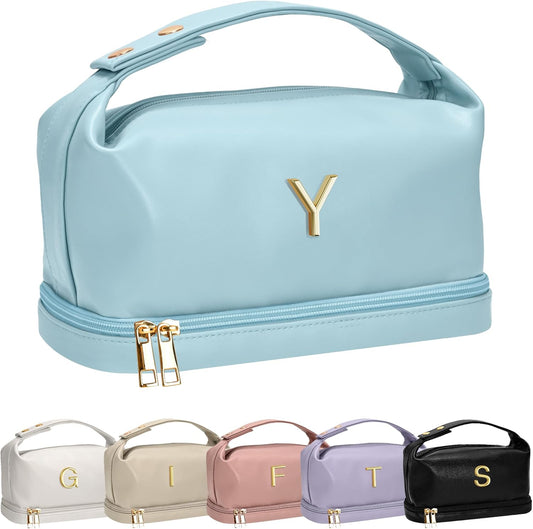 Teenage Girls Gifts Ideas, Personalized Makeup Bag with Handle, Initial Double Layer Cosmetic Bag with Makeup Brush Organizer, Gifts for Girls Teen Girls -10 11 12 13 14 15 16 17 18 Year Old