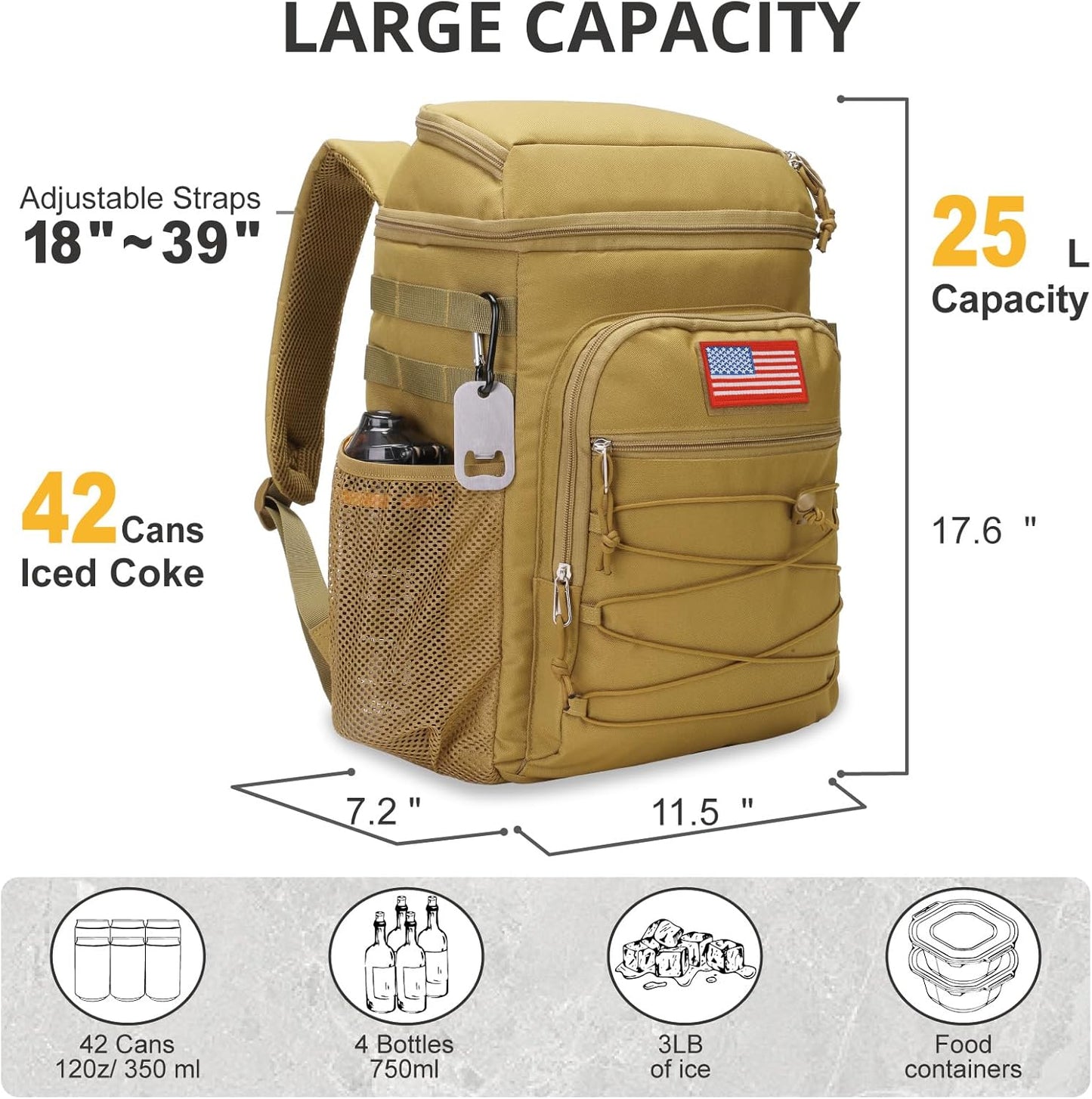 Tactical Backpack Cooler, 25L Cooler Backpack Insulated Leak-Proof, Heavy Duty Large Lunch Backpack, Waterproof Ice Chest Backpack for Men Women Adults Work Daytrip Camping Beach Hiking Accessories