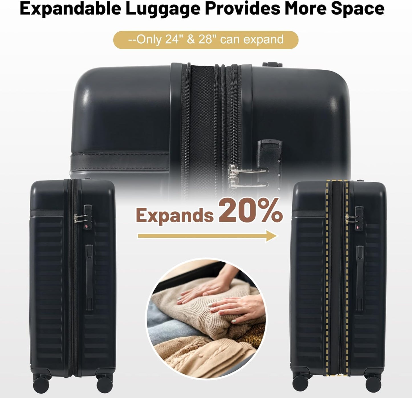 Merax Luggage Sets, Durable Hardshell 3 Piece Suitcase with Double Spinner Wheels and Handle Bags,Lightweight Carry on Luggage with TSA Lock,20+24+28 inches,Black