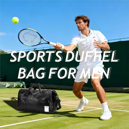 Leather Sports Gym Tote Bag with Shoes Compartment & Wet Pocket, Travel Duffel for Men & Women, Shoulder Weekender Overnight Bag for Yoga, Pilates, Swimming
